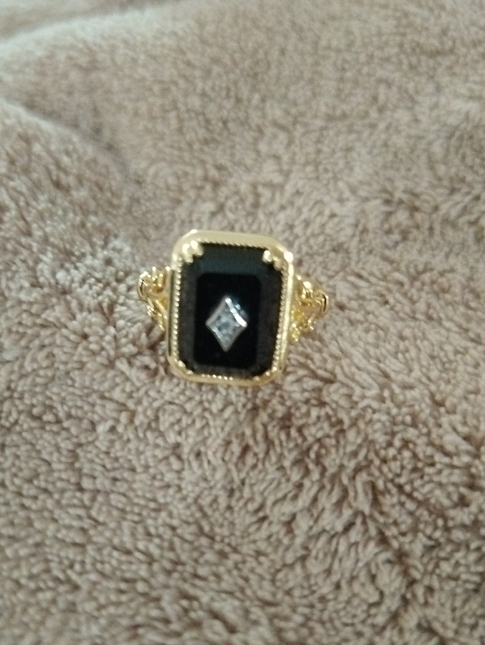 Gold-Tone Black Onyx Ring with Clear Accent Size 8